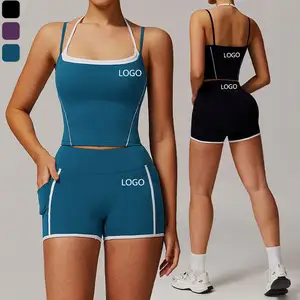 Wholesale Sleeveless Crop Tops High Waist Sports Running Shorts Pocket Workout Yoga 2 Piece Gym Sets
