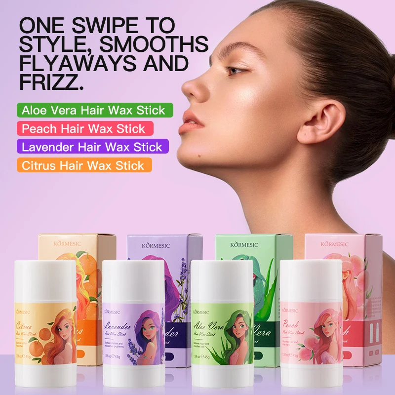KORMESIC 45g Wholesale Hair Finishing Long-lasting Hold Reduce Frizz Anti Flyaway Peach Aloe Vera Citrus Lavender Hair Wax Stick