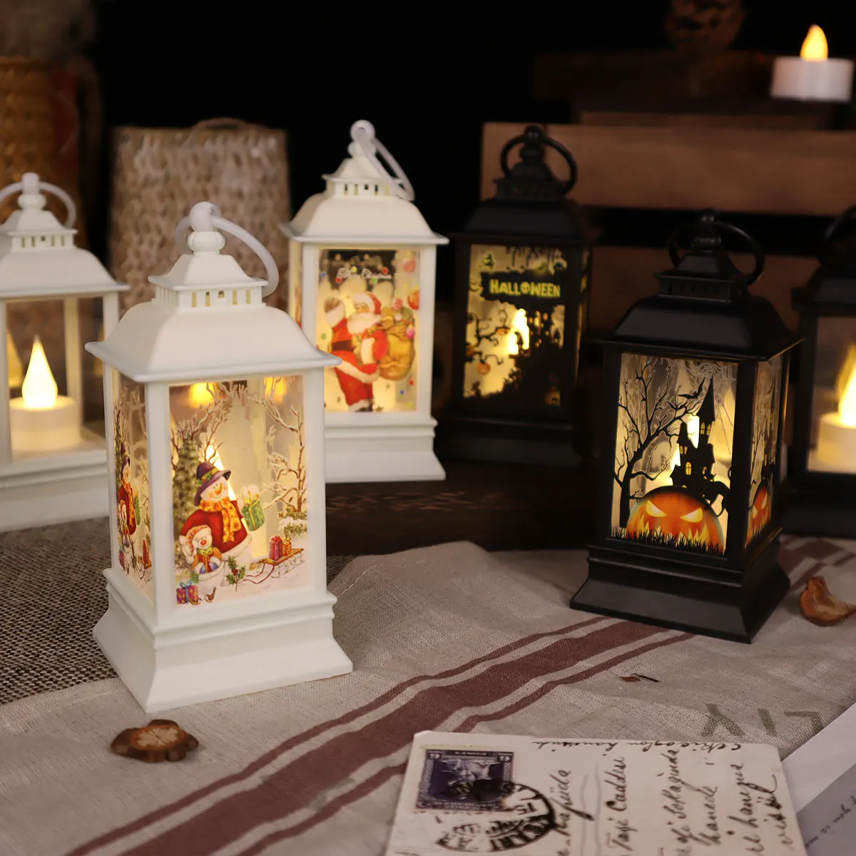 Four Corner Candles Wind Lights Flameless LED Candles Customizable Christmas Prints Christmas Day Decorations Indoor and Outdoor