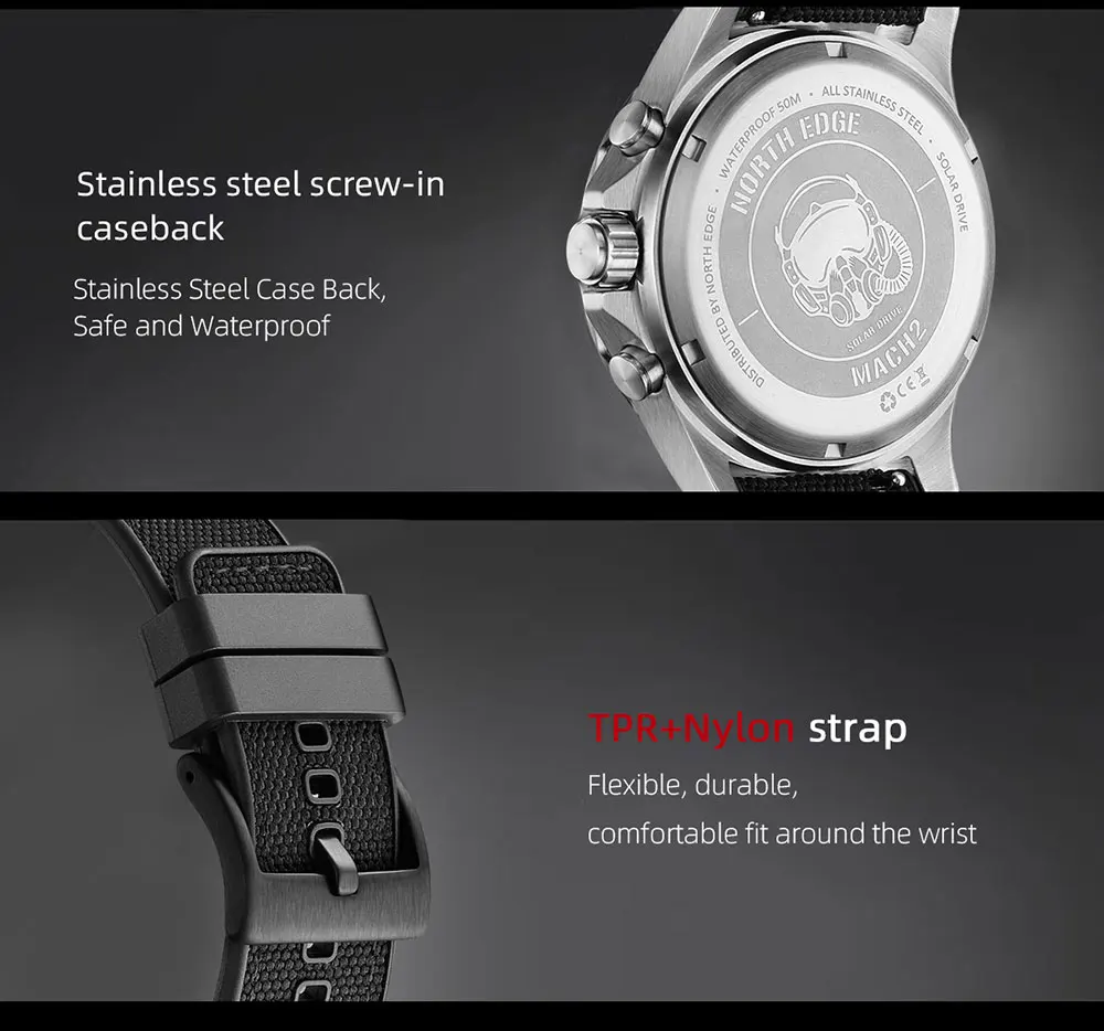 Montre Solaire NORTH EDGE MACH - Homme - Cadran Gris Verre Minéral - Étanche 50m - Autonomie 180 Jours