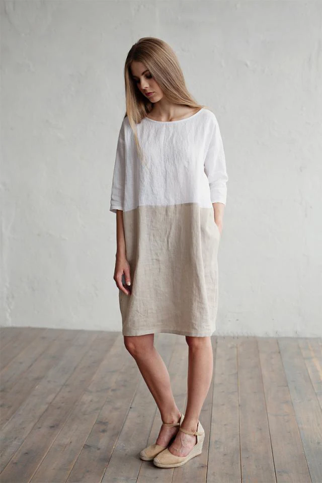 Custom Summer 100% Linen Dresses Color-block Linen Dress In White ...