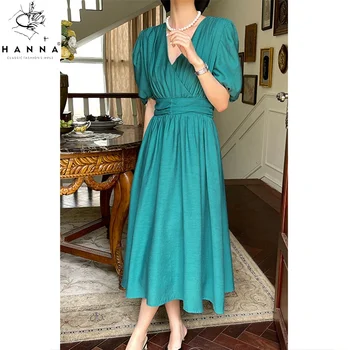 Latest Design Women Summer Dating Sweet Puff Sleeve Dress Knee Length V-Neck High Waist A Line Dress Wholesale Supplier