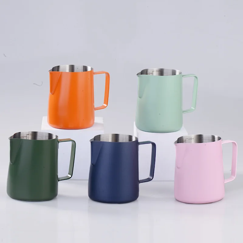 Custom Logo Stainless Steel Sharp Mouth Espresso Coffee Milk Frother Scale Measuring Cup Barista Insulated Milk Jugs Pitcher details