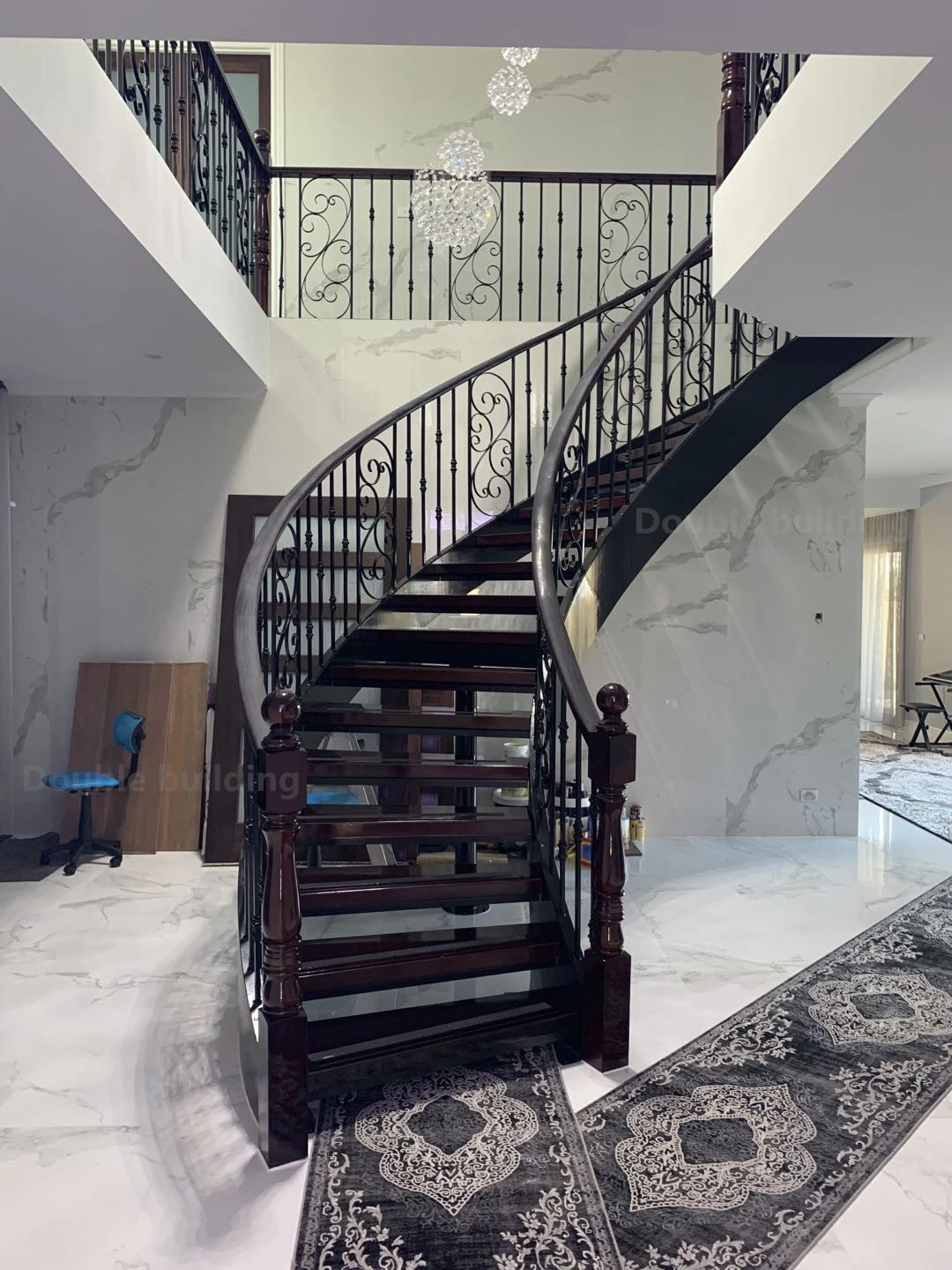 DB Curved Stairs with Wrought Iron Railing Wooden Tread Customized Color for House details