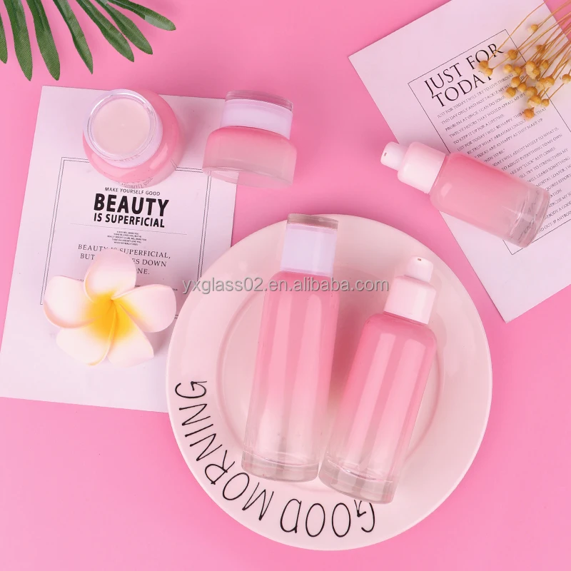 Skincare cosmetic glass packaging container manufacturer LLNEGE same style family cosmetic glass bottle set manufacture