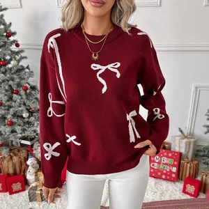 2025 New Women's Clothing Christmas Style Sweet Wind Round Neck Bow Knitted Sweater for Ladies