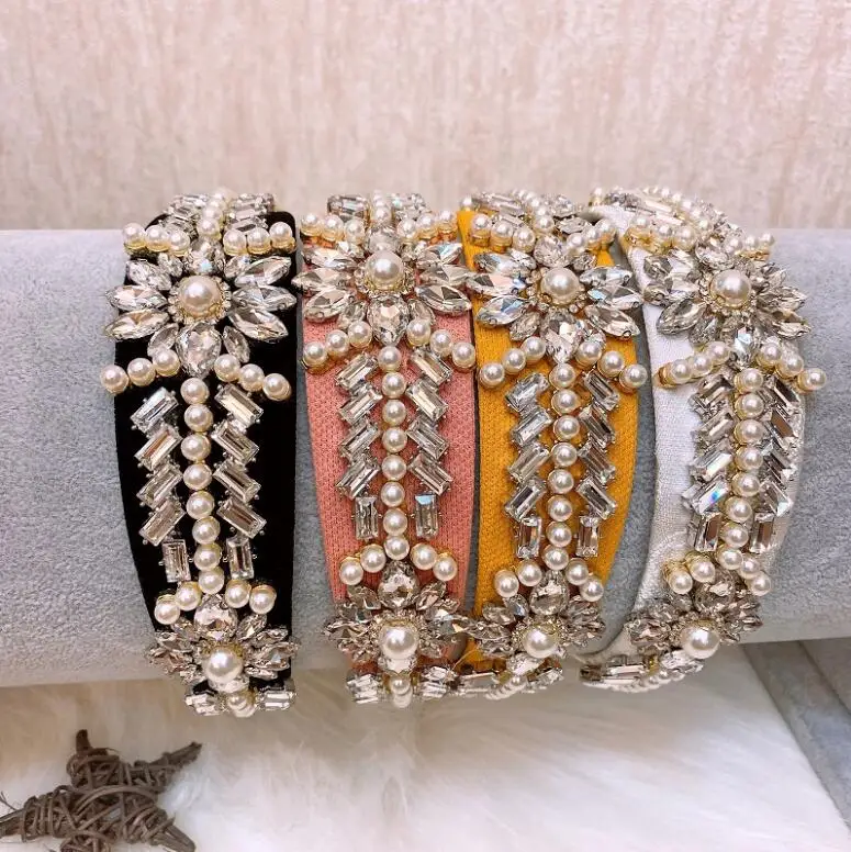 发饰2021发带头带设计师莱茵石珍珠人造钻石头带豪华女款头带