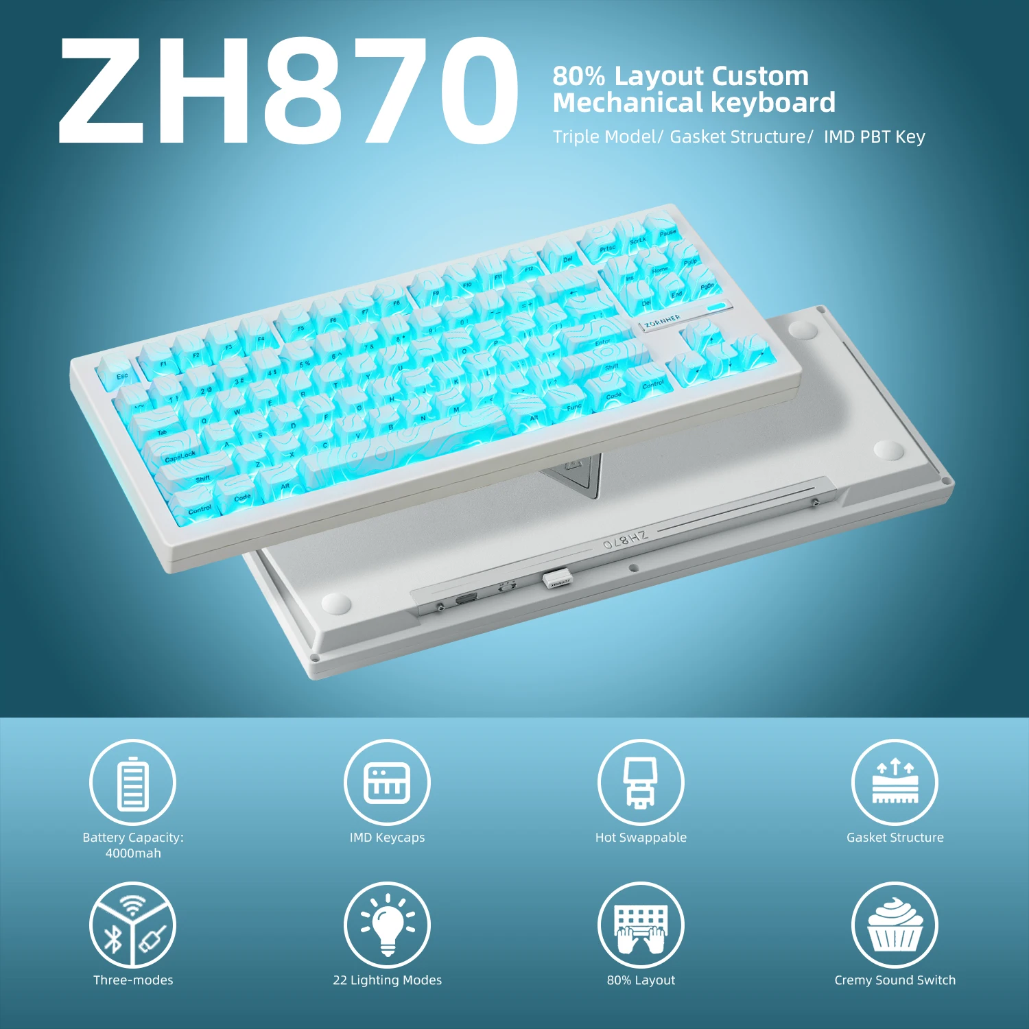 ZORNHER ZH870 White Topographic Mechanical Keyboard 88 Keys RGB