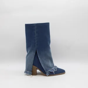 BUSY GIRL HQ1143 Custom Logo Boots Women's Ankle Boots Pointed-toe Chunky Heel Denim Ankle Boots with Folded-over Heels Boots