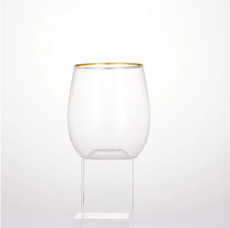 Bst Shatterproof Recyclable 12 Oz Clear Disposable Plastic Stemless Wine Glass Gold Rimmed Wine