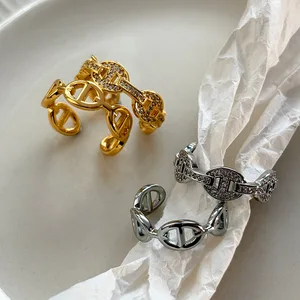 Trendy Link Chain Open Rings Gold Silver Tone Cubic Zirconia Statement Fashionable Adjustable Finger Fine Jewelry Rings Women