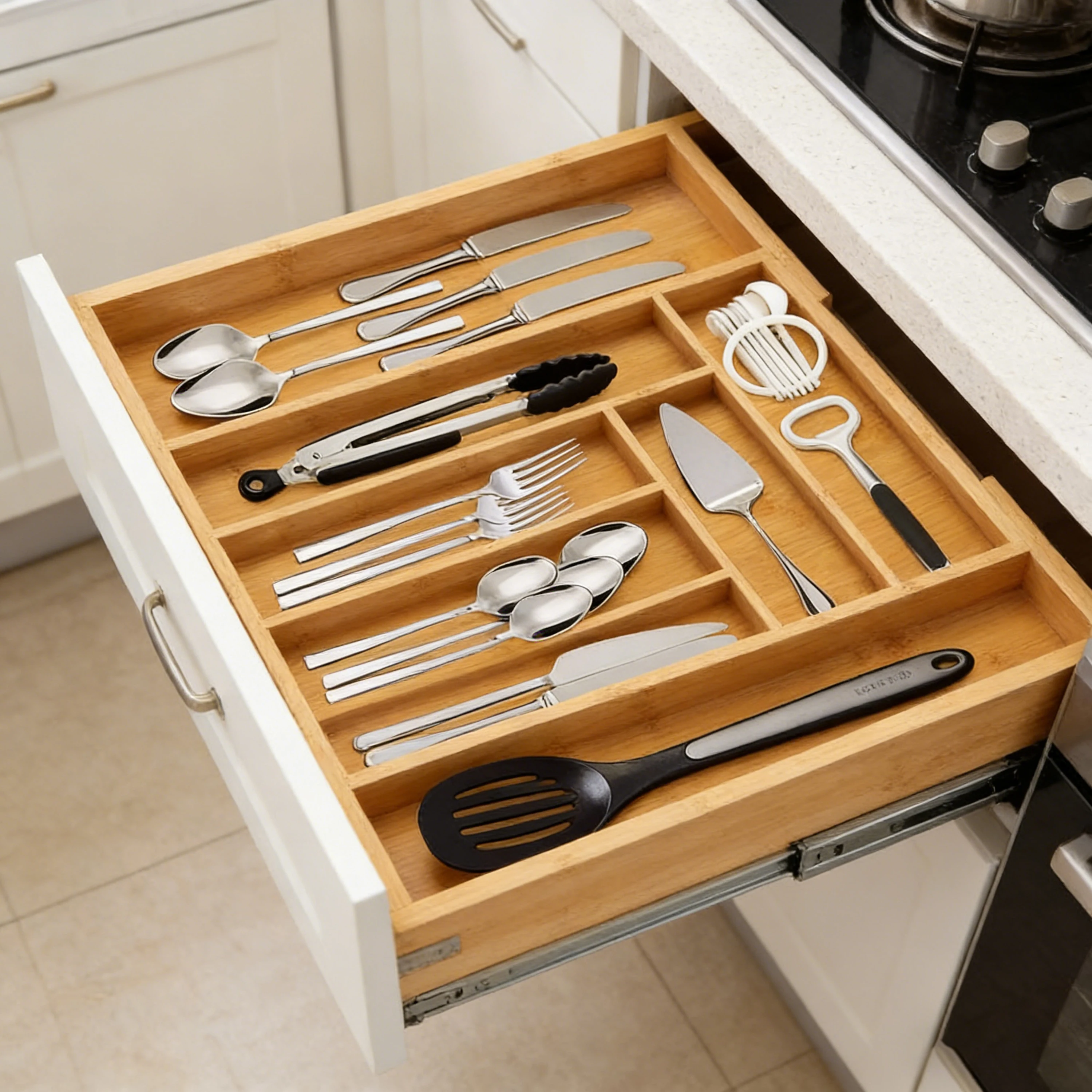 Expandable Bamboo Utensil Drawer Organizer Kitchen Cutlery Tray  Adjustable Cutlery Tray for Flatware and Silverware