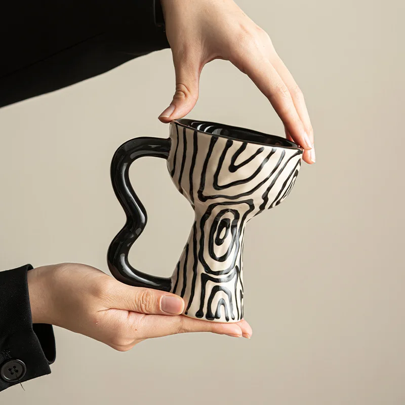 Handmade Embossed Ceramic Breakfast Milk Coffee Tea Water Cup High Foot Vintage Ice Cream Dessert Mug Party Restaurant Drinkware