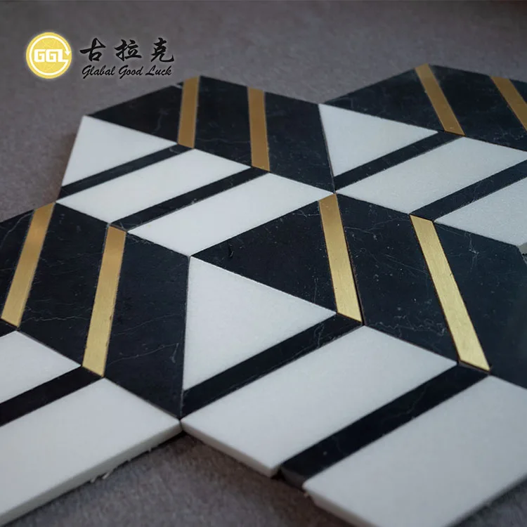 Marble Mix Brass Mosaic Tile for Villa Hotel Project Wall Decoration Black White Hexagon Tile With Metal factory