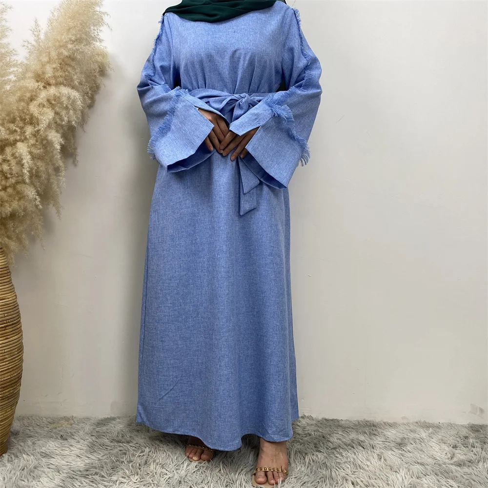 High Quality Linen Polyester Maxi Dress EID Ramadan Heather Islamic Clothing  Slit Cuff Tassel Long Sleeve Modest Abaya| Alibaba.com