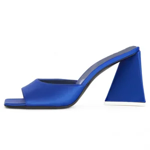 Plus Size Elegant Women Shoes Casual Party Blue Satin Square Toe Chunky Heel Mule High Heels Sandals