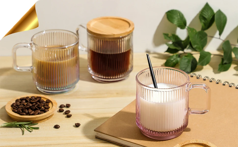 Iridescent Vertical Stripes Glass Coffee Mug with Bamboo Lid - Premium  Classical Tea Cup Milk Chocolate Juice Beer Water Drink