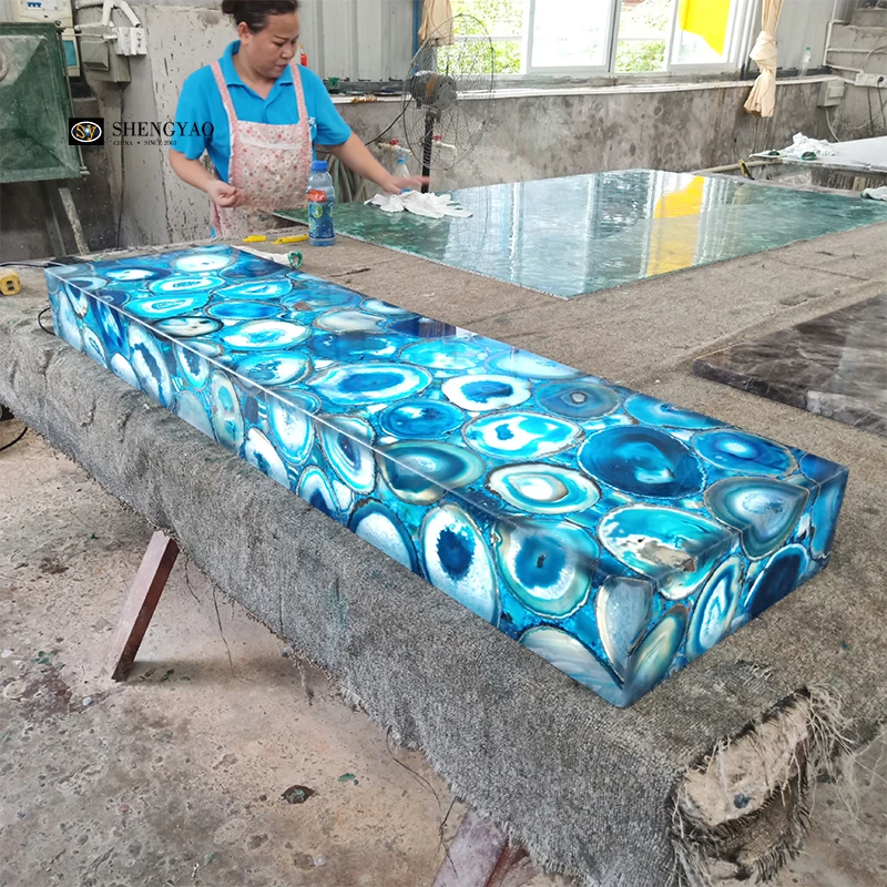 Natural Luxury LED Translucent Semi Precious Stone Backlit Blue Agate Bar Counter Top
