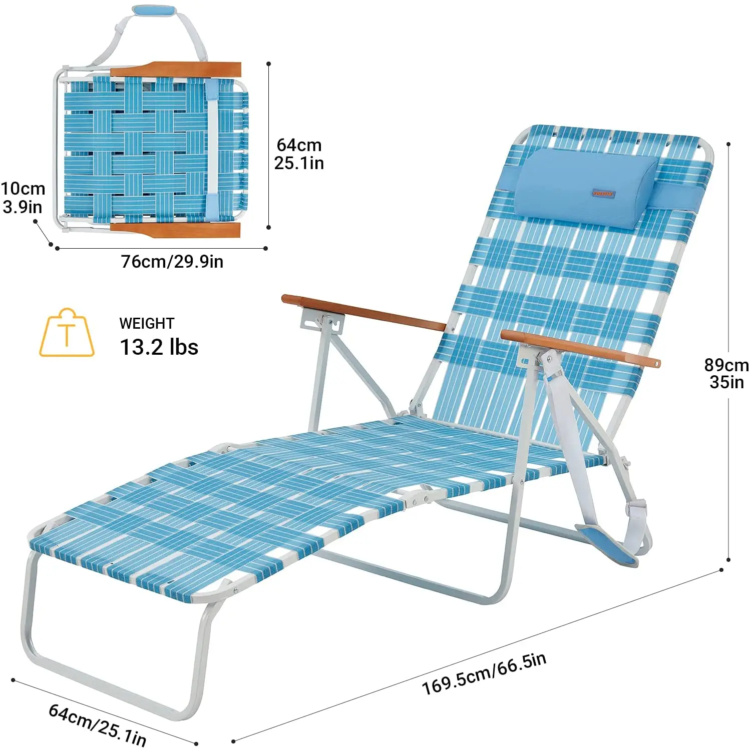 Folding  Chaise Lounge Chair 5 Adjustable Position Portable Beach