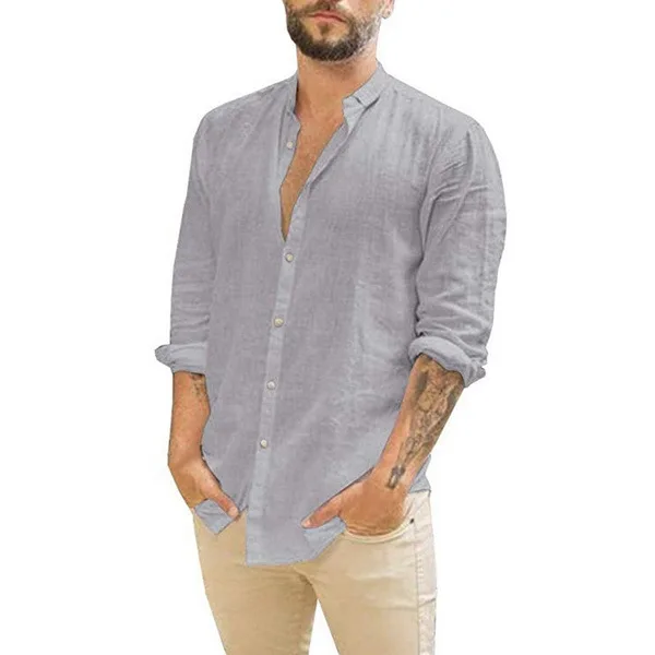 New Fashion Men's  linen cardigan solid color casual long sleeve shirt with standing collar