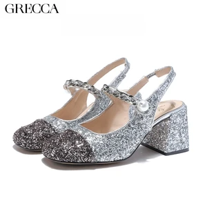 GRECCA Glitter Slingback Pumps, Silver - Black Color - Block, Chain & Pearl Detail, Square Toe Chunky Heel at the Party