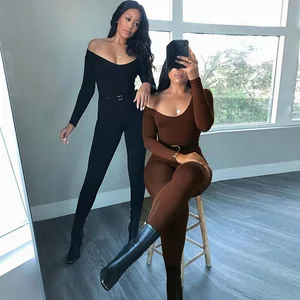 Bodycon Jumpsuit for Women Clothing Casual Brown Fitness Rompers 2022 Playsuit Activity Streetwear Overalls