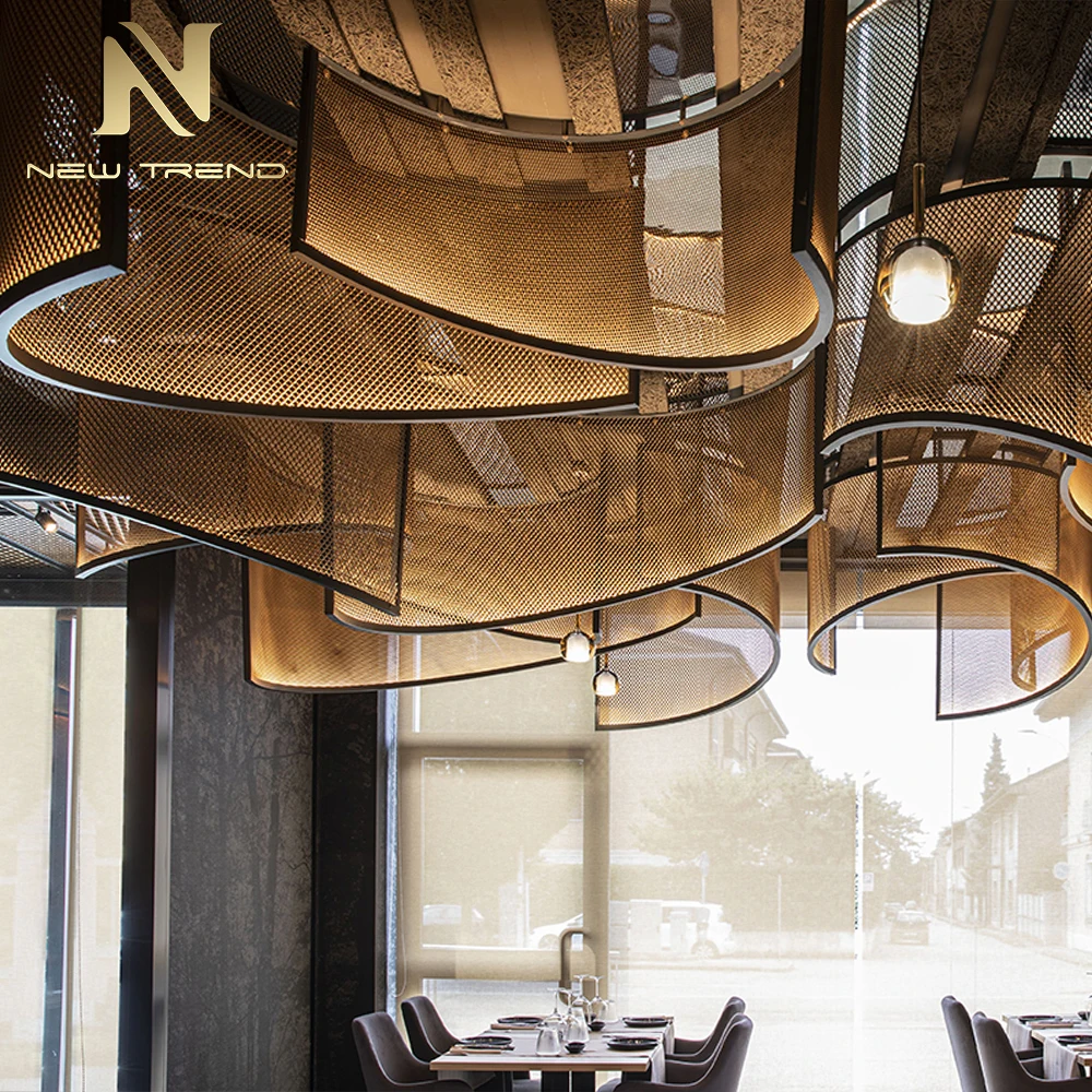 CPL-471 Çağdaş Eğri Metal Örgü Asma Lamba – Üst düzey restoranlar için büyük boyutlu özel mimari LED sanat kurulumu