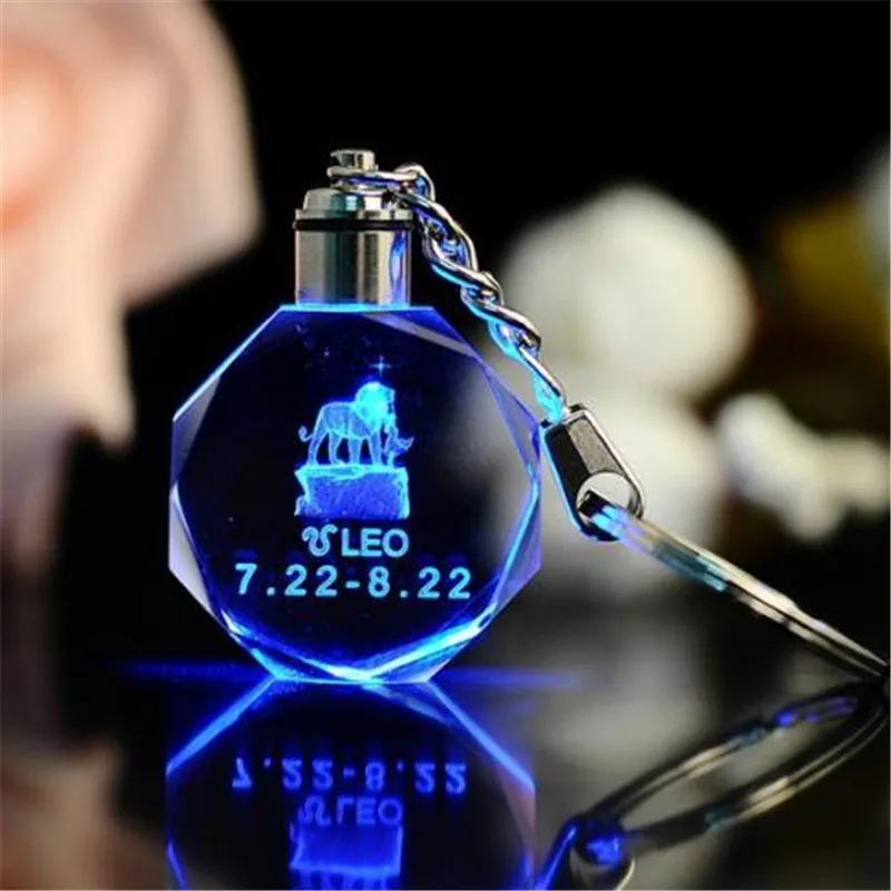 artesanías de cristal personalizadas 3D Imagen de grabado láser Led Cristal Vidrio octágono Llavero para Regalos