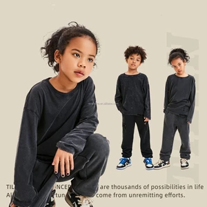 Children's Long Sleeve Top Apparel Customizable Plain Washed Ripped Tee Basic Layering Shirt Multi Colors