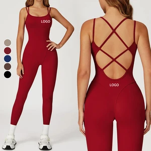 Wholesale Custom Women's Quick Dry Sexy Backless Yoga Bodysuit Casual Outdoor Running Compression Stretchy Tight Sports Jumpsuit