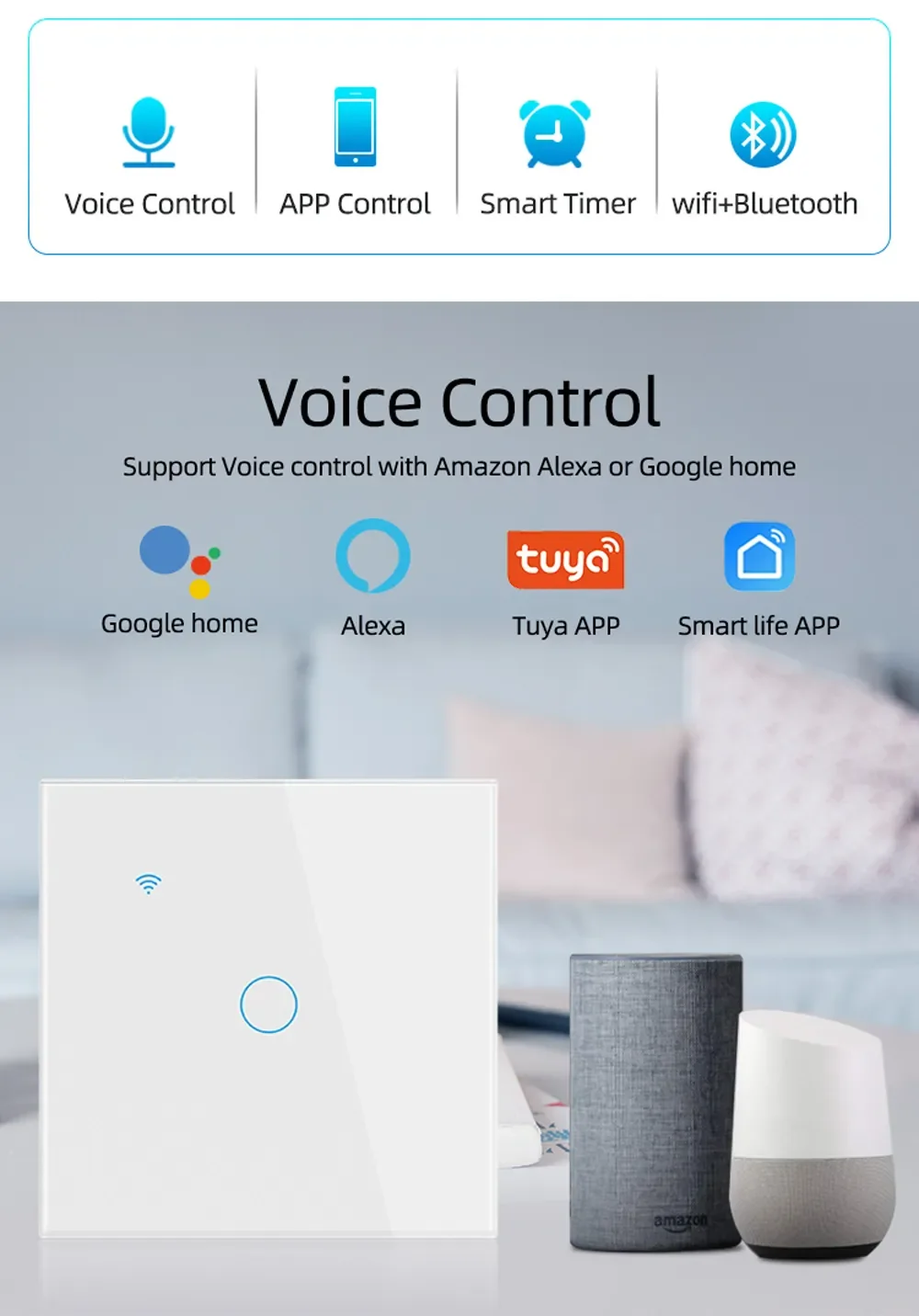 EU Standard Tuya/Smart Life Wifi Smart Light Switch Touch Panel Glass Control Wireless Wall work with Alexa Echo Google Home