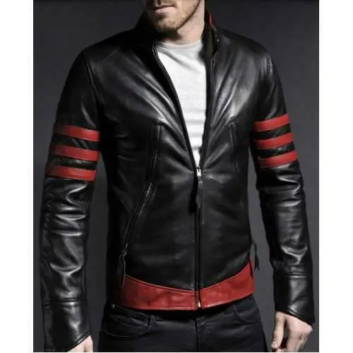 Jacket Black Leather Abbigliamento Abbigliamento uomo Giacconi e cappotti Pelletteria Factory X-Men Origins Wolverine Black w Red Stripes Distressed Leather Jacket 