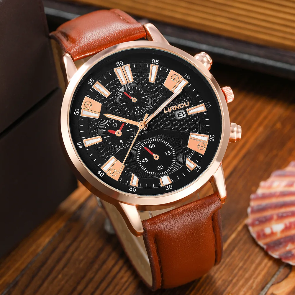 Liandu 6042 Men Watch With 3 Pcs Bracelets Set Pu Leather Band Quartz ...