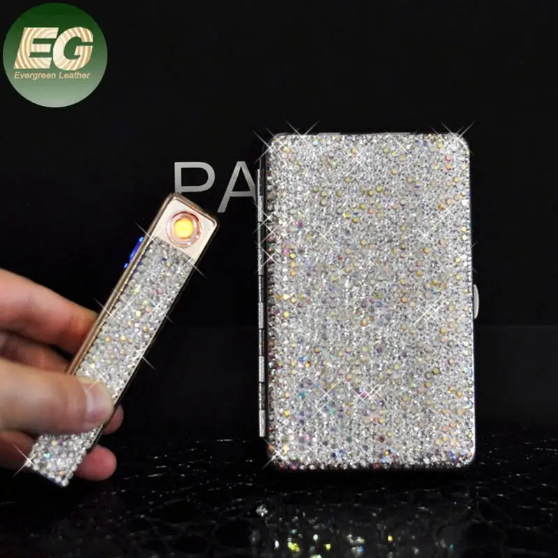EA003 Thin Shiny Rhinestone Cigarettes Holder Holds 20 Regular Cigarettes  Bling Diamond Cigarette case with Lighter