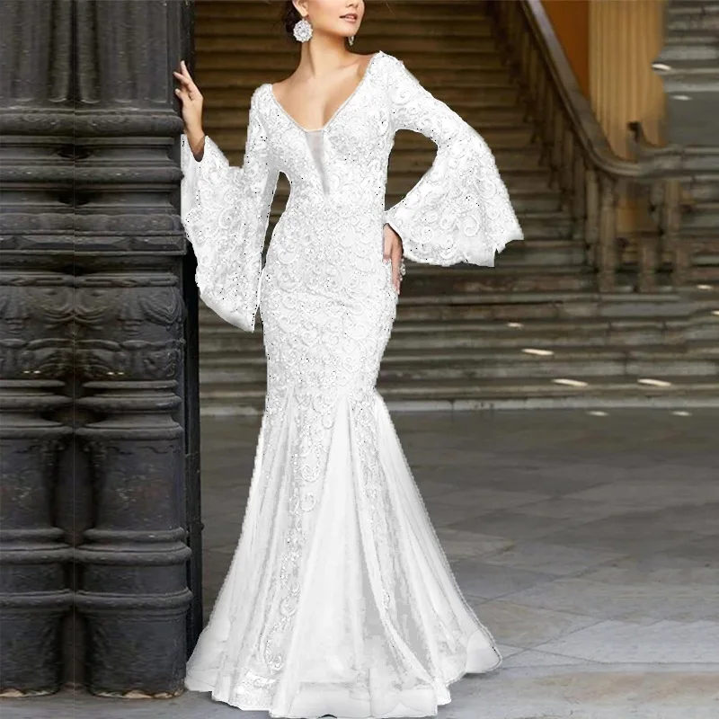 High Quality Middle East Women Lace Evening Dress Fish Tail Embroidery Prom  Long Sleeve Dress Formal Evening Dresses Luxurious