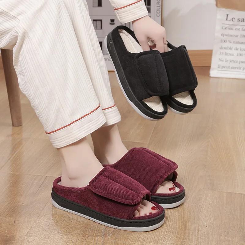 Velcro Adjustable Linen Slippers Breathable and Non Slip for External Wear Suitable for Elderly House Slippers