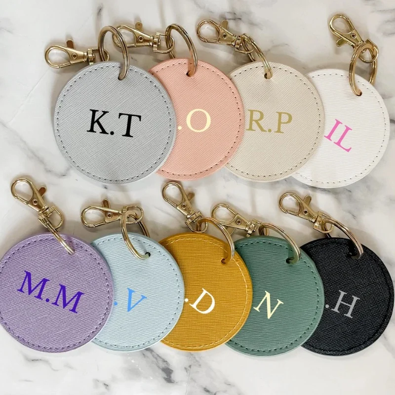 In Stock Personalized Round Faux Leather Keychain with Gold Stamping and Carved Design Business Gift Key Ring