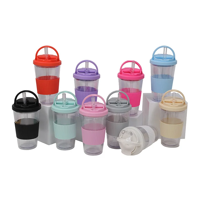 BORGE Customized 16OZ/480ml Double Layer Plastic Reusable Bubble Tea Cup Tumbler With Straw