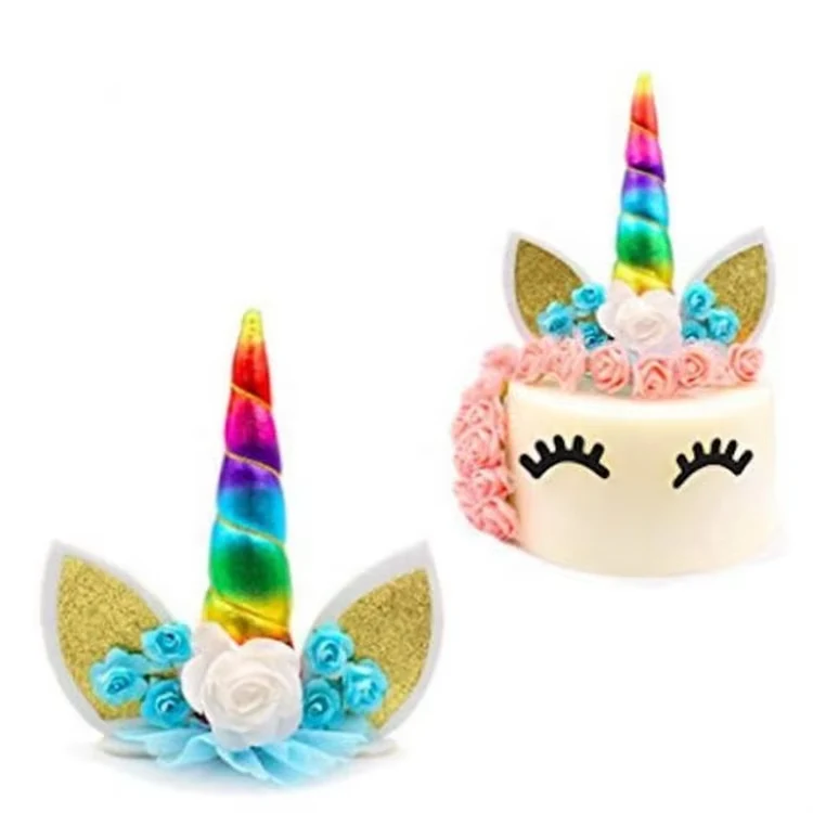 Décoration Gâteau Licorne Arc-en-Ciel - Oreilles Et Cils Mignons - Pour Anniversaire, Mariage - Résine Non Toxique