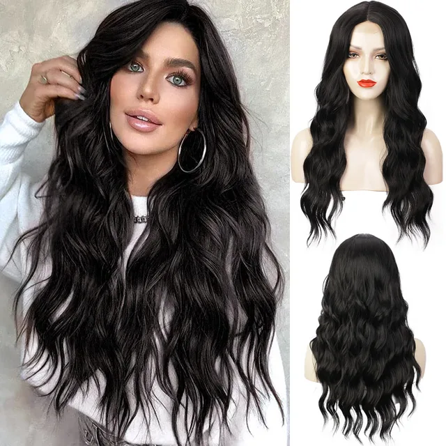 KAMA Women's Heat Resistant Lace Front Wig Dark Root Synthetic Fiber Wavy Curly Middle Part for Daily Party Use Long Wavy Style