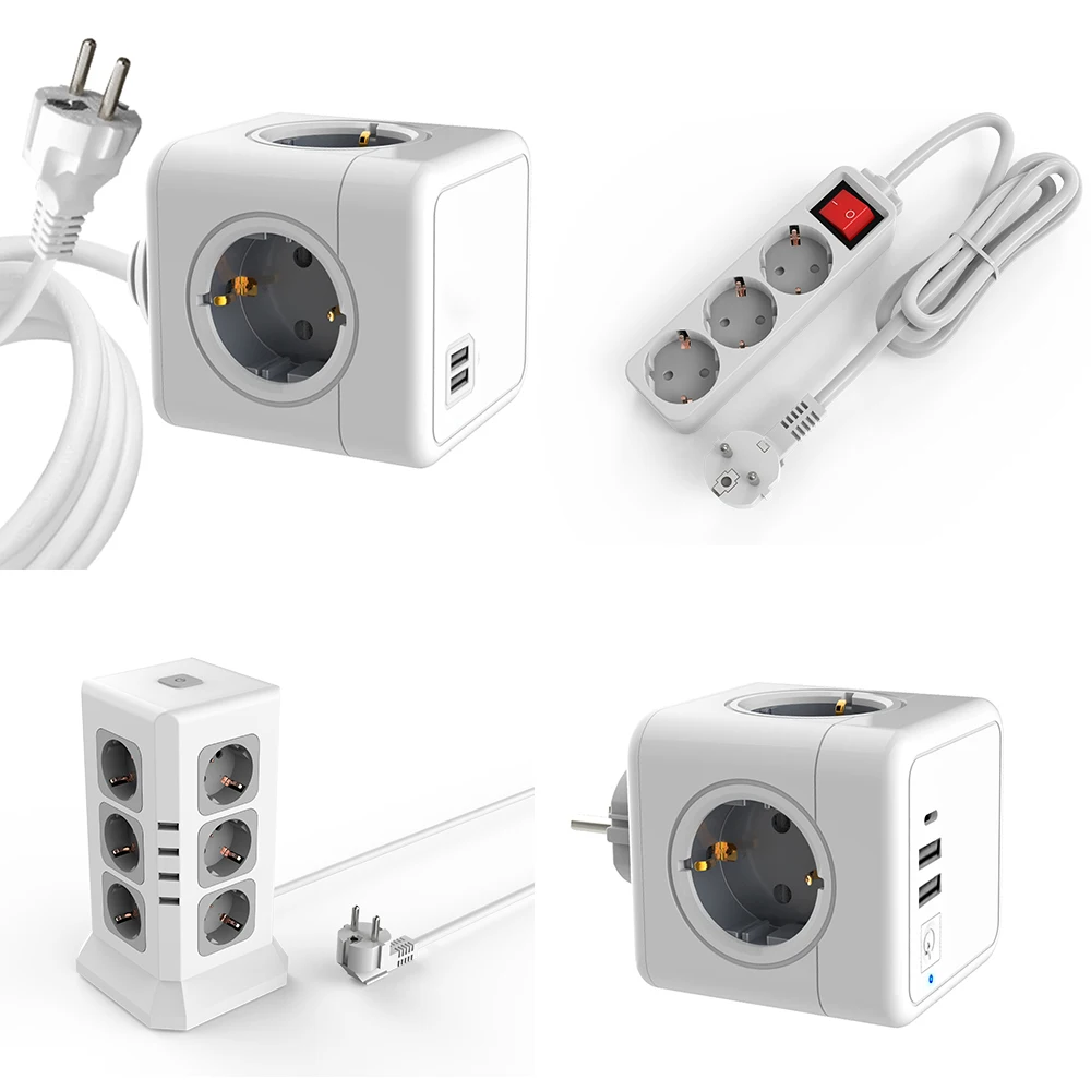 2023 Europe Power Strip Cube Socket with USB Port Germany Outlet Extension Cord Electrical Multi Wall Plug Adapter Surge Protect