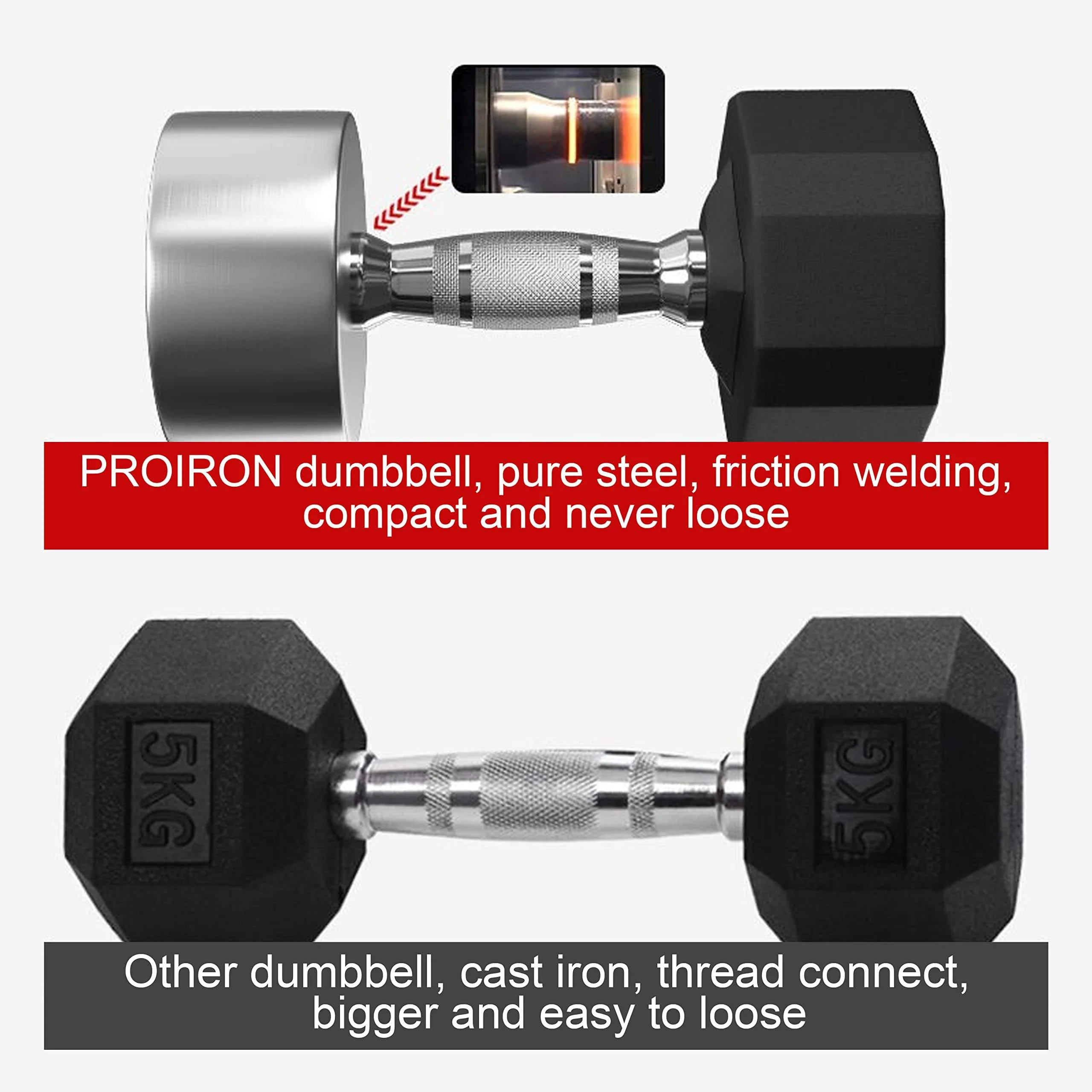 PROIRON 14kg Gym Home Fitness Non-detachable Rubber Encased Solid Weights  Set Steel Hex Dumbbells