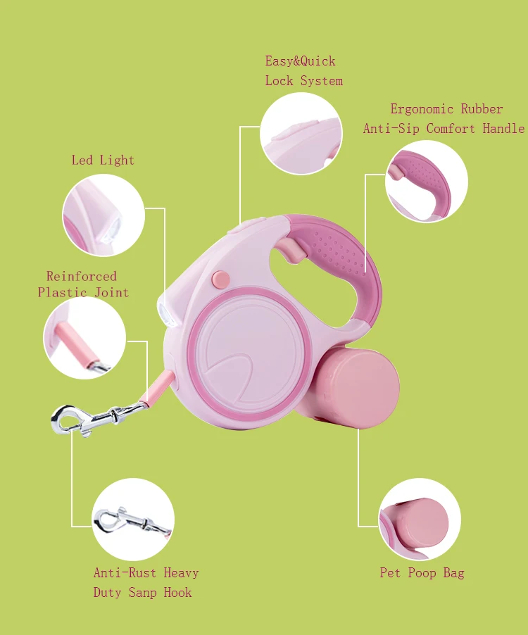 Retractable Pet Walking Hands Free Dog Leash Multiple Colors Leash With Waste Bag Dispenser