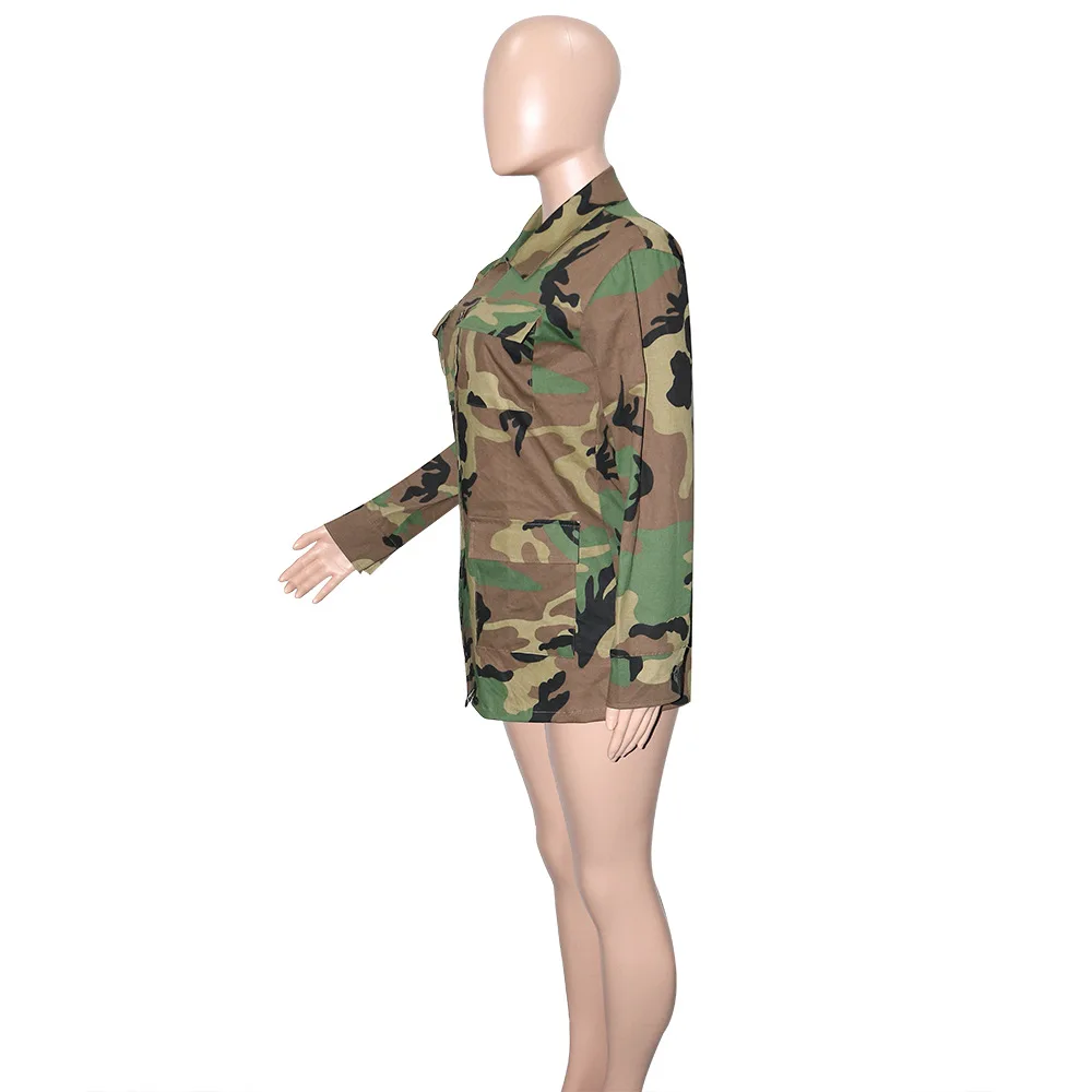 Women Fahion Camouflage Long Jackets Plus Size Long Sleeve Camo