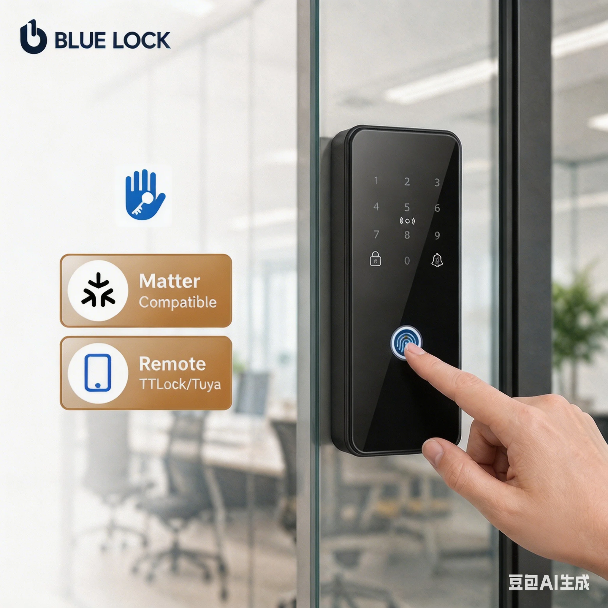 BlueLock Smart Glass Door Lock TTlock Remote Control Biometric Fingerprint Password Mechanical Key Card No Drilling Office Home