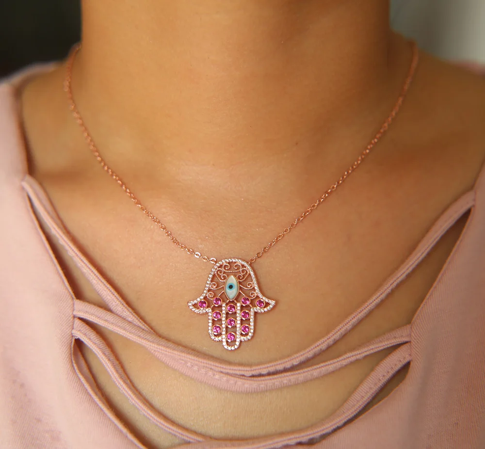 High Quality Stock Red clear Cubic Zircon Rose Gold Plated Turkish Jewelry Hamsa Hand Pendant Necklace