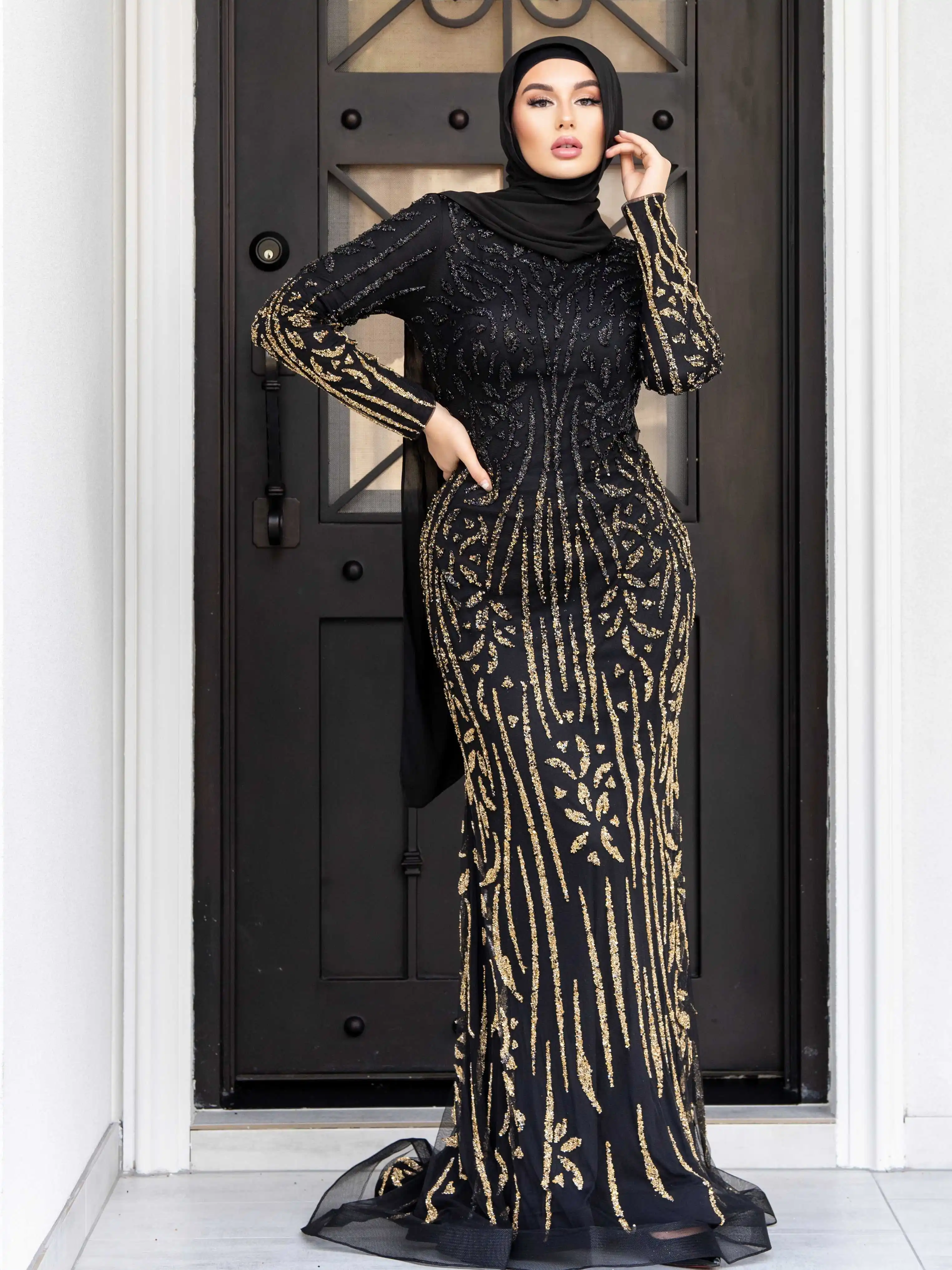 slim fit dress slacks Modern Muslim Woman's Elegant Hooded Abaya with Rhinestones main image 0