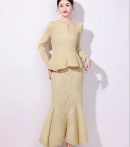 Women's Elegant Beige Pleated Peplum Top and Mermaid Skirt Two - Piece Set