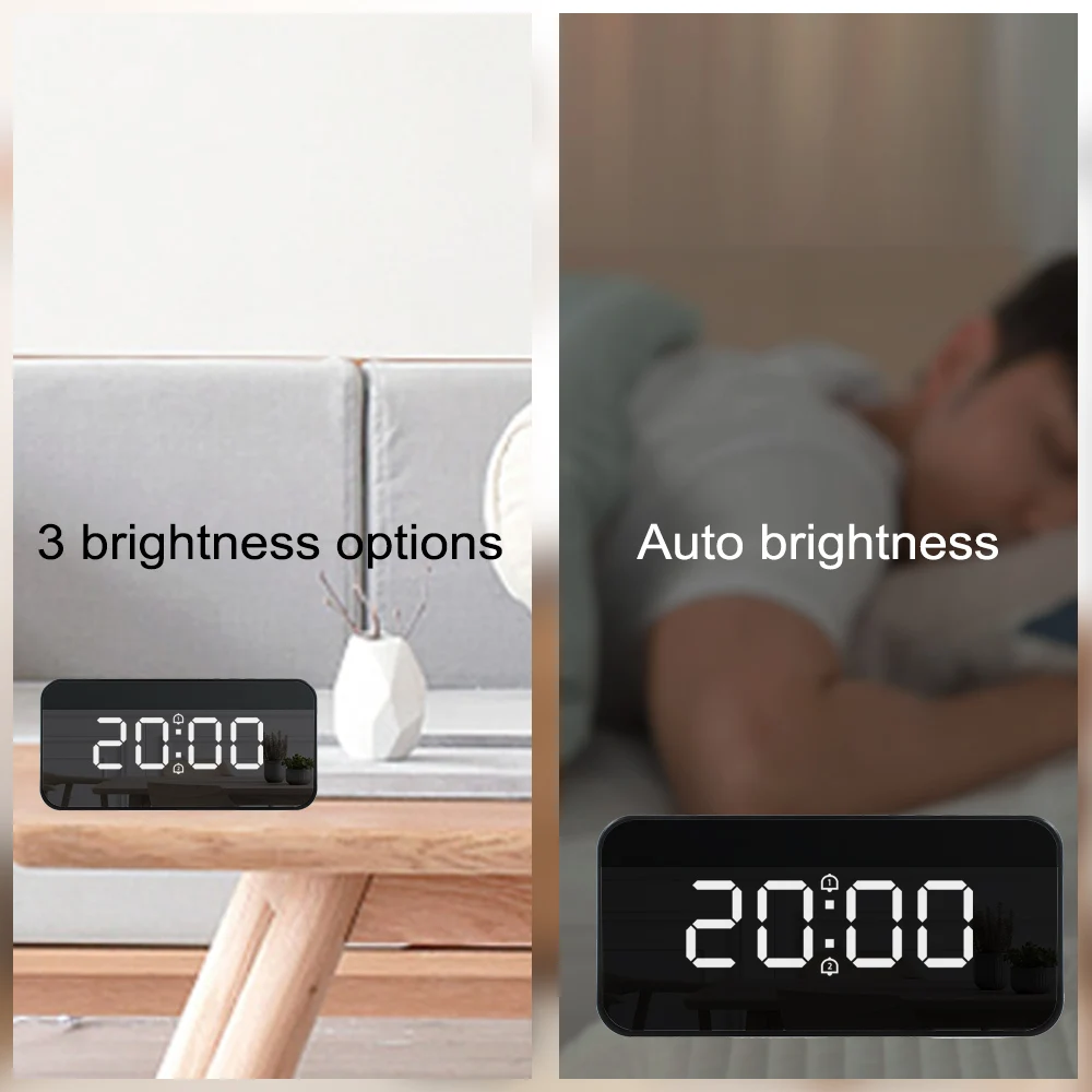 Digital LED Alarm Clock Mirror Electronic Table Watches Home Living Room Modern Design Automatic Backlight Alarm Clock