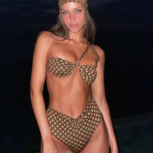 Single Shoulder Strapless Strap High Waist Bikini Sexy Printed Split Swimsuit for Women